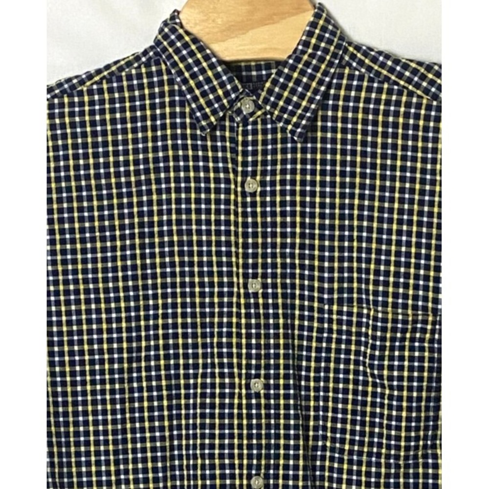 BKE Shirt‎ XL Navy Blue Yellow Check Short Sleeve Seersucker Resistance Strength